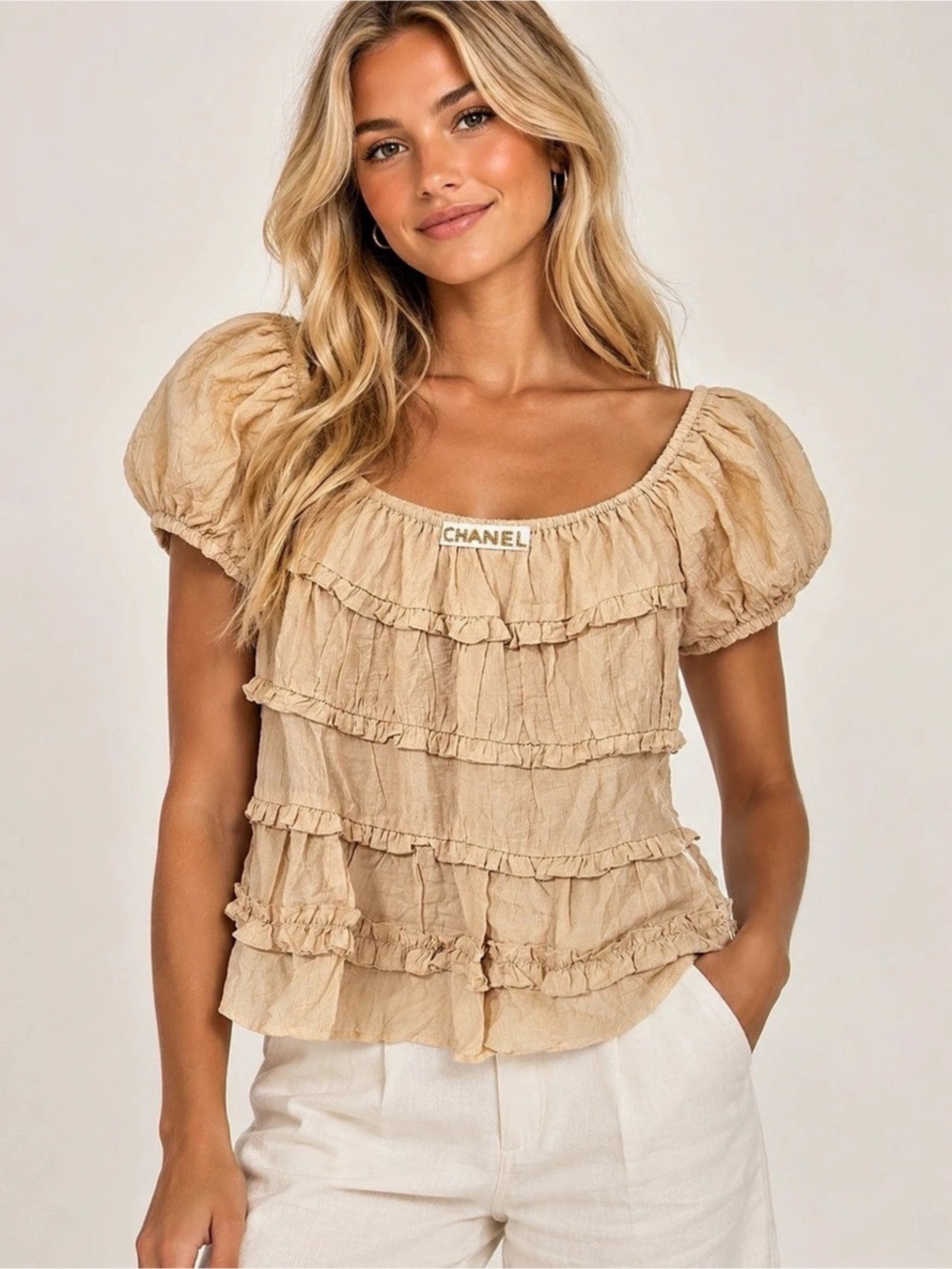 Chanel Top in Light Beige Cotton & Silk Ruffle Peplum Blouse in Beige Like New